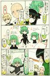 2girls absurdres against_glass bald black_dress blush broken_glass comic commentary_request crossed_arms dress fubuki_(one-punch_man) genos glass green_eyes green_hair highres marker_(medium) mehonobu_g multiple_boys multiple_girls one-punch_man profile saitama_(one-punch_man) siblings sisters smile sweatdrop tatsumaki traditional_media translated 