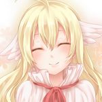  awai_shiro capelet closed_eyes closed_mouth face fairy_tail head_tilt head_wings lowres mavis_vermilion smile solo upper_body 