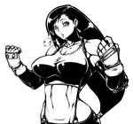  1zu3 abs breasts breath chestnut_mouth earrings final_fantasy final_fantasy_vii fingerless_gloves gloves greyscale high_contrast jewelry large_breasts long_hair midriff monochrome parted_lips solo suspenders tank_top tifa_lockhart very_long_hair 