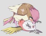  ambiguous_gender animal_genitalia avian beady_eyes blush claws cloaca digitigrade duo feathers feral feral_on_feral fletchinder ganguro_(artist) grey_background hi_res lying nintendo on_back pidgeotto pok&eacute;mon pussy_juice saliva simple_background size_difference video_games wings 