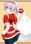  alternate_costume aqua_eyes ass bag bike_shorts blush check_commentary commentary_request dress gloves hair_ornament hairband hand_on_hip holding holding_bag kantai_collection kupala looking_at_viewer looking_back pink_hair ponytail red_dress red_gloves sack santa_costume shiranui_(kantai_collection) short_dress short_hair shorts shorts_under_skirt solo 