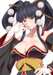  bare_shoulders black_hair breasts cleavage commentary_request dead_or_alive dead_or_alive_5 detached_sleeves hair_ornament hat japanese_clothes kupala large_breasts long_sleeves looking_at_viewer nyotengu obi purple_eyes sash sideboob smile solo tengu tokin_hat twintails two_side_up upper_body white_background 