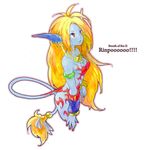  blonde_hair blue_skin breath_of_fire breath_of_fire_ii earrings jewelry long_hair pointy_ears red_eyes rinpoo_chuan solo tail toisu very_long_hair white_background 
