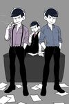  ;3 atarime bad_id bad_twitter_id black_hair brothers cigarette desk grey_background hand_in_pocket highres jitome looking_at_viewer male_focus matsuno_ichimatsu matsuno_karamatsu matsuno_todomatsu multiple_boys necktie on_desk one_eye_closed open_collar osomatsu-kun osomatsu-san shaded_face siblings simple_background sitting sitting_on_desk smile smoking standing suspenders vest 