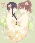  2girls bangs black_hair blue_eyes blunt_bangs braid branch brown_eyes brown_hair dated eye_contact floral_print flower from_side hair_flower hair_ornament hair_over_shoulder hair_up highres holding_hands interlocked_fingers japanese_clothes kantai_collection kimono kitakami_(kantai_collection) long_hair looking_at_another multiple_girls obi ooi_(kantai_collection) open_mouth plum_blossoms ponytail profile saki_hajime sash sidelocks smile twitter_username yuri 