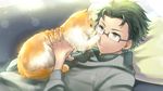  animal animal_on_chest black_hair blurry bokeh cat closed_mouth couch depth_of_field earrings flipped_hair glasses hexagon holding holding_animal indoors jewelry kikuchi_mataha long_sleeves lying male_focus on_back pillow semi-rimless_eyewear smile solo sweater vocaloid wil_(vocaloid) zola_project 