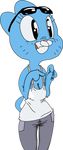  animated anthro blue_fur cat cleavage clothed clothing eyewear feline female fur mammal mature_female mother musikalgenius nicole_watterson pants parent shirt smile solo suggestive sunglasses tank_top the_amazing_world_of_gumball 