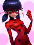  armpits bangs blue_eyes blue_hair blurry bodysuit breasts covered_navel cowboy_shot depth_of_field domino_mask eyelashes from_side gloves hair_ribbon hand_up highres hips holding holding_weapon ilya_kuvshinov ladybug_(character) light_smile lips looking_at_viewer low_twintails marinette_dupain-cheng mask miraculous_ladybug multicolored multicolored_eyes polka_dot polka_dot_background ribbon short_hair short_twintails sidelocks slender_waist small_breasts smile solo superhero turtleneck twintails weapon yo-yo 