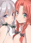  asa_(coco) blue_eyes blush bow braid breast_press breasts colorized downscaled green_eyes hair_bow hong_meiling izayoi_sakuya long_hair looking_at_viewer md5_mismatch multiple_girls nude red_hair resized short_hair silver_hair sketch smile sweatdrop symmetrical_docking touhou twin_braids upper_body white_background 