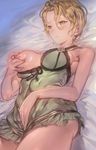  aos babydoll bare_shoulders bed_sheet blush breasts brown_eyes brown_hair fingernails gareth_(granblue_fantasy) granblue_fantasy large_breasts light_frown lingerie looking_away lying masturbation masturbation_through_clothing nipples on_back one_breast_out self_fondle shiny shiny_skin short_hair solo underwear 