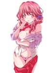  :o bare_shoulders between_breasts blush bonjour_koiaji_patisserie bow bow_panties bra breast_hold breasts cleavage groin hand_on_own_cheek haruno_sayuri kikuchi_tsutomu looking_at_viewer medium_breasts navel necktie open_clothes open_mouth open_shirt panties pink_bra pink_hair purple_panties red_bow red_eyes red_neckwear shirt simple_background skirt skirt_pull solo standing stomach suggestive_fluid sweatdrop underwear white_background 