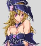  bare_shoulders blonde_hair breasts choker cleavage duel_monster facial_tattoo gloves grey_background hat highres large_breasts long_hair magi_magi_magician_gal ozaneko purple_eyes simple_background smile solo tattoo wizard_hat yuu-gi-ou yuu-gi-ou_zexal 