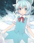  asa_(coco) bad_id bad_twitter_id blue_eyes blue_hair blurry blush bow cirno hair_ornament hair_ribbon ice ice_wings open_mouth puffy_sleeves red_bow ribbon shirt short_hair short_sleeves skirt skirt_set snowing solo touhou vest wings 