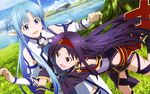  absurdres asuna_(sao) asuna_(sao-alo) blue_eyes blue_hair day detached_sleeves hair_ornament highres long_hair multiple_girls open_mouth outdoors pointy_ears purple_hair red_eyes sword_art_online takata_akira tree water yuuki_(sao) 