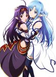  absurdres asuna_(sao) asuna_(sao-alo) blue_hair blue_legwear hand_on_another's_head highres hug long_hair looking_at_viewer multiple_girls nakamura_naoto pointy_ears purple_hair red_eyes simple_background smile sword_art_online thighhighs white_background yuuki_(sao) 