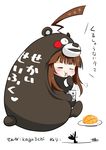  ahoge animal_costume bear_costume brown_hair closed_eyes cup eating from_behind kaga3chi kantai_collection kuma_(kantai_collection) long_hair looking_at_viewer sitting solo translated yunomi 