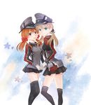  alternate_eye_color black_legwear blonde_hair blue_eyes bow cosplay crossover eny3240 gekkan_shoujo_nozaki-kun gloves hair_bow hat kantai_collection kneehighs low_twintails matching_outfit multiple_girls orange_hair ozawa_ari peaked_cap pleated_skirt polka_dot polka_dot_bow prinz_eugen_(kantai_collection) prinz_eugen_(kantai_collection)_(cosplay) sakura_chiyo seiyuu_connection skirt smile thighhighs twintails white_gloves yellow_eyes 