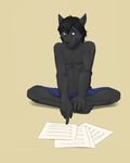  2011 anthro black_fur black_hair black_nose blue_eyes canine clothed clothing crossed_legs fur green_eyes hair half-dressed heterochromia kaynine looking_at_viewer male mammal navel sheet_music simple_background sitting solo tan_background topless wolf 