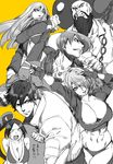  3girls angel_(kof) bad_id bad_twitter_id breasts chang_koehan cleavage hair_over_one_eye highres hohehohe kula_diamond kusanagi_kyou large_breasts monochrome multiple_boys multiple_girls shiranui_mai the_king_of_fighters the_king_of_fighters_xiv yagami_iori 