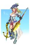  absurdres bad_id bad_pixiv_id black_gloves blonde_hair blue_eyes boots bow_(weapon) breasts cleavage crack crossbow full_body gloves greaves hat hat_feather highres jewelry large_breasts mepimepi necklace original plate_armor polearm solo tenkuu_no_craft_fleet weapon 