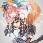  :d animal_ears aqua_bow aqua_ribbon arm_garter bangs bare_shoulders between_breasts black_footwear black_legwear bow breasts chromatic_aberration cleavage commentary_request cross-laced_clothes detached_sleeves fang fate/extra fate_(series) flower fox_ears fox_tail frilled_sleeves frills gold_trim hair_between_eyes hair_bow hair_ribbon hat jewelry long_hair looking_at_viewer macco medium_breasts mini_hat mini_top_hat o-ring one_eye_closed open_mouth pink_hair ribbon ring shoes shorts smile snowflakes solo tail tamamo_(fate)_(all) tamamo_no_mae_(fate) thigh_strap thighhighs top_hat twintails white_flower yellow_eyes 
