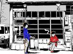  bad_id bad_pixiv_id black_hair brothers can car cigarette ground_vehicle looking_at_another male_focus matsuno_karamatsu matsuno_osomatsu motor_vehicle multiple_boys newspaper osomatsu-kun osomatsu-san reading siblings sitting smoking spot_color standing yodokawa_(yukko) 