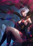  against_tree bangs bare_shoulders black_legwear blood_moon_elise blue_nails breasts cleavage corset crossed_legs detached_sleeves dress elise_(league_of_legends) eyelashes eyeshadow feet_out_of_frame fingernails hair_ornament highres holding holding_pipe kiseru kneehighs large_breasts league_of_legends lips lipstick long_fingernails looking_at_viewer makeup mascara mismatched_legwear nail_polish nose outdoors parted_lips petals pink_lipstick pipe pleated_dress realistic red_dress rock sharp_fingernails short_dress short_hair sideboob sitting sleeveless sleeveless_dress solo swept_bangs thighhighs thighs tree x.four 