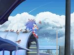  1boy ??? anthro avian bird black_nose building city clothing cloud food footwear furry gloves green_eyes hedgehog male mammal sega sitting solo sonic sonic_(series) sonic_the_hedgehog video_games 