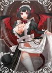  :d apt bangs bat_wings black_hair black_jacket blunt_bangs border bow bowtie breasts buttons cleavage cleavage_cutout collar demon_girl demon_horns dress dress_lift frilled_sleeves frills garter_straps groin horns jacket juliet_sleeves key keyring large_breasts long_sleeves looking_at_viewer maid_headdress navel navel_cutout open_mouth original puffy_sleeves red_background red_bow red_eyes red_neckwear short_hair simple_background smile solo standing stomach striped striped_bow striped_neckwear succubus tattoo thigh_gap thighhighs white_border white_dress white_legwear wings 