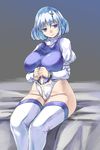  blue_eyes bound bound_wrists breasts clenched_hands commentary_request empty_eyes hair_ornament hairclip large_breasts letty_whiterock looking_at_viewer no_hat no_headwear on_bed panties polearm puffy_sleeves short_hair silver_hair sitting sitting_on_bed smile solo thighhighs touhou trident underwear weapon white_legwear white_panties yohane 