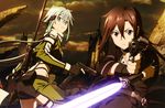  1girl absurdres anti-materiel_rifle beam_saber black_eyes black_hair black_shorts blue_eyes blue_hair bolt_action fingerless_gloves five-seven_(gun) glock gloves gun handgun highres holding holding_gun holding_sword holding_weapon kirito kirito_(sao-ggo) long_hair looking_at_viewer outdoors pgm_hecate_ii pistol rifle ruins scope shorts sinon sniper_rifle sword sword_art_online takata_akira weapon 