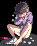  bad_id bad_twitter_id black_background blush breath briefs brown_hair covering covering_crotch drooling highres hood hoodie male_focus male_underwear matsuno_ichimatsu messy_hair naughty_face osomatsu-kun osomatsu-san saliva shakata_(syakatan) sitting solo tongue tongue_out underwear underwear_around_one_leg white_briefs 