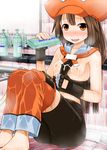  bare_shoulders barefoot between_breasts bike_shorts blush bottle breasts breasts_outside brown_hair clothes_between_breasts commentary_request detached_collar fingerless_gloves gloves guilty_gear guilty_gear_xrd hat legs_together long_hair lotion lotion_bottle may_(guilty_gear) nipples orange_eyes orange_hat pants_pull parted_lips pirate_hat ponkotsu sailor_collar sitting small_breasts smile solo suggestive_fluid wet 