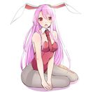  animal_ears breasts bunny_ears bunnysuit cleavage highres long_hair looking_at_viewer medium_breasts necktie open_mouth pantyhose purple_hair red_eyes reisen_udongein_inaba simple_background solo touhou v_arms yukina_(masyumaro610) 