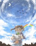  black_hair bow closed_eyes cloud commentary_request crescent_moon fish grin hair_bow highres holding holding_paper love_live! love_live!_school_idol_project moon natsutaro_(sss_stn) otonokizaka_school_uniform paper rainbow school_uniform sketch sky skyline smile solo star_(sky) starry_moon starry_sky twintails yazawa_nico 
