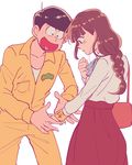  1girl bag black_hair blue_ribbon braid brown_hair cowboy_shot freckles handbag heart heart_in_mouth jumpsuit juushimatsu's_girlfriend long_hair looking_down matsuno_juushimatsu oniyama831 osomatsu-kun osomatsu-san ribbon skirt smile surprised wristband 