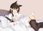  absurdres animal_ears atago_(azur_lane) azur_lane bangs bed black_hair breasts double-breasted epaulettes garter_straps gloves hair_between_eyes highres jun.bit katana large_breasts lifted_by_self long_sleeves looking_at_viewer lying military military_uniform mole mole_under_eye on_side pencil_skirt sheath sheathed skirt smile solo sword thighhighs uniform weapon white_gloves wolf_ears yellow_eyes 