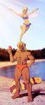  blonde_hair blush breasts breath_of_fire breath_of_fire_iv cray_(breath_of_fire) highres leomon32 nina_(breath_of_fire_iv) short_hair swimsuit 