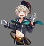  1girl alternate_costume belt blush breasts capelet commentary_request gloves grey_background hat kantai_collection long_sleeves looking_at_viewer luicent military military_uniform navel open_mouth sailor_collar sailor_hat short_hair shorts simple_background small_breasts solo surprised uniform white_gloves white_hair z1_leberecht_maass_(kantai_collection) 
