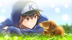  animal bangs baseball_cap blue_sky brown_hair closed_mouth day dog grass hat hood hoodie kikuchi_mataha kyo_(vocaloid) long_sleeves male_focus outdoors red_eyes sky smile solo vocaloid zola_project 