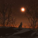  animal bare_tree commentary full_moon highres looking_up moon night night_sky no_humans open_mouth orange_sky original outdoors scenery sky snatti star_(sky) starry_sky tree wolf 