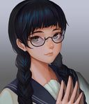  bangs black-framed_eyewear black_hair blunt_bangs braid expressionless glasses grey_background grey_eyes lieqi_hun lips looking_at_viewer sailor_collar school_uniform semi-rimless_eyewear shirt simple_background solo twin_braids under-rim_eyewear upper_body white_shirt 