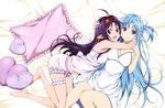  :d absurdres ahoge asuna_(sao) asuna_(sao-alo) barefoot bed bed_sheet bloomers blue_eyes blue_hair breasts cleavage dress elf frilled_pillow frills from_above hair_ornament hairband half_updo heart heart_pillow highres hug leg_garter long_hair long_legs looking_at_viewer lying medium_breasts multiple_girls nakamura_naoto navel nightgown official_art on_back on_side open_mouth pillow pointy_ears purple_hair red_eyes scan smile sword_art_online underwear white_dress yuuki_(sao) 