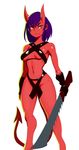  armor bikini_armor black_gloves breasts cowboy_shot criss-cross_halter demon_girl demon_horns demon_tail eyebrows gloves halter_top halterneck horns long_hair medium_breasts navel nitrotitan original partly_fingerless_gloves purple_hair red_skin saw_blade serious slender_waist solo sword tail weapon yellow_eyes 