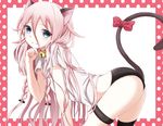  alternate_costume animal_ears arched_back bad_id bad_pixiv_id bell bell_collar bent_over black_legwear black_panties blue_eyes border bow braid cat_ears cat_tail closed_mouth collar fang_out from_side hair_between_eyes hair_ornament hairclip ia_(vocaloid) kemonomimi_mode long_hair looking_at_viewer panties pink_hair polka_dot red_bow shirt short_sleeves single_thighhigh smile solo t-shirt tail tail_bow thighhighs twin_braids underwear very_long_hair vocaloid white_background yamagara 