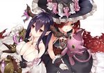  2girls anna_(granblue_fantasy) antenna_hair bandaged_arm bandages black_gloves blush breasts candle chestnut_mouth cleavage corset crescent danua doll draph dress eyebrows eyebrows_visible_through_hair fingerless_gloves from_above gem gloves glowing granblue_fantasy hair_between_eyes hair_over_one_eye hat horn_ornament horns jewelry large_breasts long_hair multiple_girls pendant pointy_ears purple_hair red_eyes red_hair sleeveless sleeveless_dress stuffed_animal stuffed_cat stuffed_toy thumb_sucking very_long_hair white_background white_dress white_gloves witch_hat wrist_cuffs yellow_eyes 