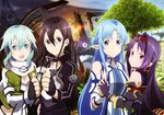  3girls absurdres androgynous asuna_(sao) asuna_(sao-alo) black_eyes black_hair blue_eyes blue_hair breasts cleavage fingerless_gloves gloves hair_ornament highres kirito kirito_(sao-ggo) long_hair looking_at_viewer medium_breasts multiple_girls nishiguchi_tomoya pointy_ears purple_hair red_eyes sinon sword_art_online yuuki_(sao) 