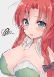  asa_(coco) bad_id bad_twitter_id blush bow braid breasts cleavage green_eyes grey_background hair_bow hair_ornament hong_meiling large_breasts long_hair open_mouth red_hair solo sweatdrop torn_clothes touhou twin_braids upper_body 