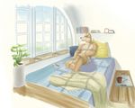 2015 anthro bed brown_fur canine clothed clothing dog eyes_closed fur half-dressed inside kaynine male mammal multicolored_fur reclining relaxing slice_of_life solo topless two_tone_fur 