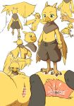  2017 ambiguous_gender animal_genitalia anthro avian bird blush butt cloaca close-up clothing covering_face cub digital_media_(artwork) duo feathered_wings feathers featureless_crotch manmosu_marimo multiple_images navel pants rear_view simple_background sketch_page smile solo solo_focus spreading standing walking wings young 